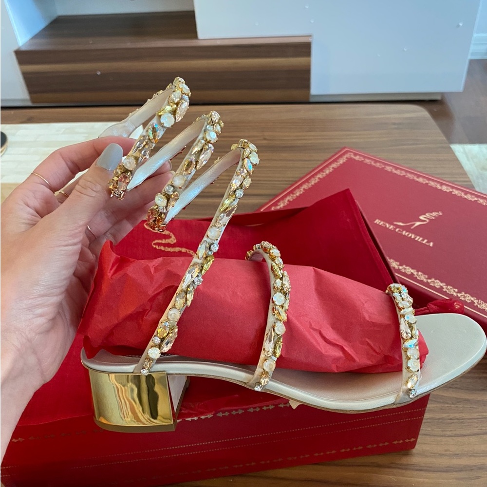 Rene Caovilla Snake Wrap Block Heel Sandal Gem